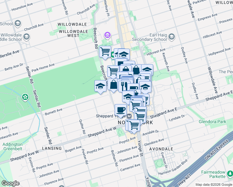 map of restaurants, bars, coffee shops, grocery stores, and more near 131 Beecroft Road in Toronto