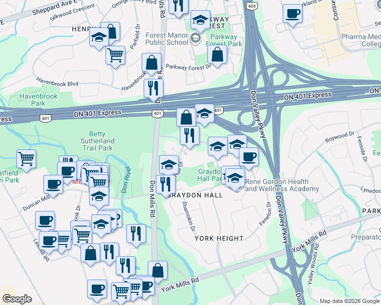 map of restaurants, bars, coffee shops, grocery stores, and more near 75 Graydon Hall Drive in Toronto