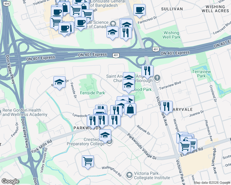 map of restaurants, bars, coffee shops, grocery stores, and more near 26 Roywood Drive in Toronto