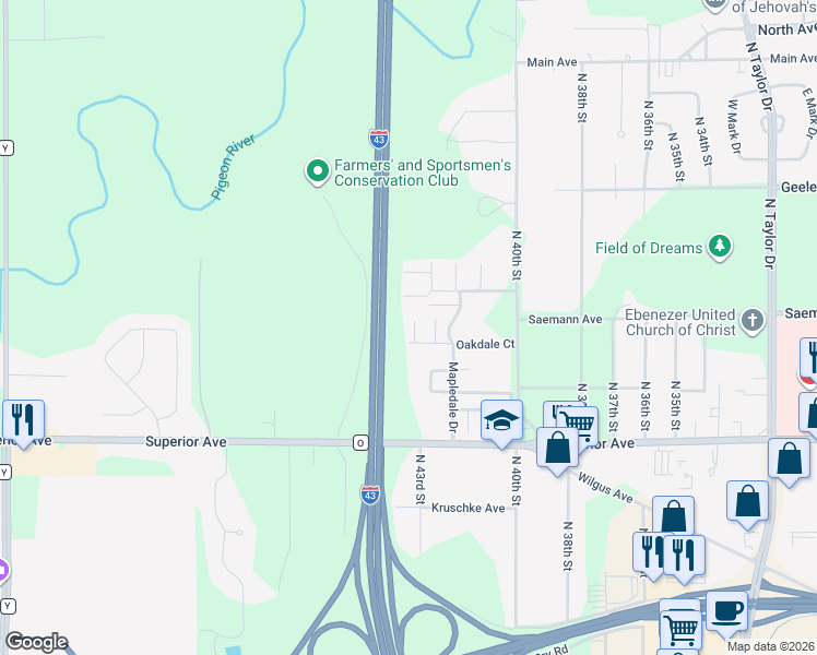 map of restaurants, bars, coffee shops, grocery stores, and more near 1711 Autumnwood Court in Sheboygan