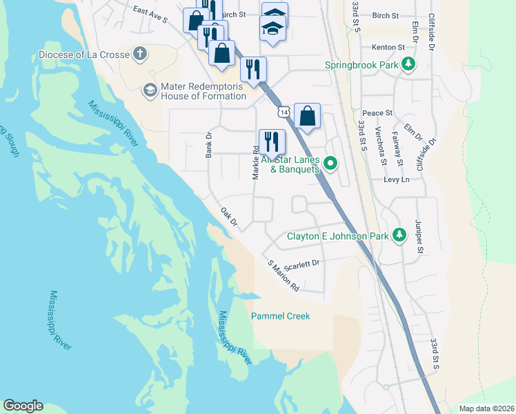 map of restaurants, bars, coffee shops, grocery stores, and more near 4328 Markle Road in La Crosse