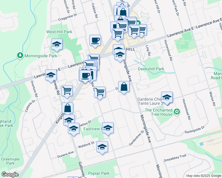 map of restaurants, bars, coffee shops, grocery stores, and more near 30 Danzig Street in Toronto