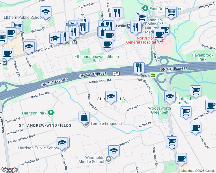 map of restaurants, bars, coffee shops, grocery stores, and more near 59 Hopperton Drive in Toronto