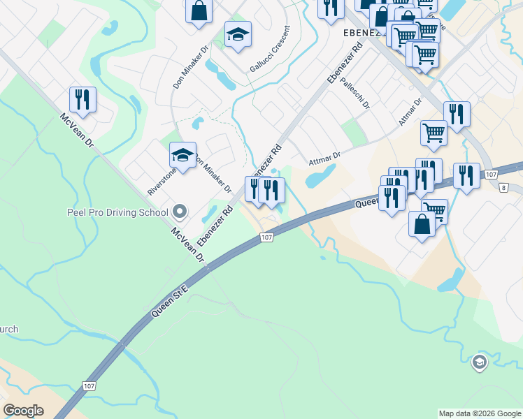 map of restaurants, bars, coffee shops, grocery stores, and more near 25 Cherrycrest Drive in Brampton