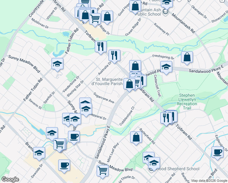 map of restaurants, bars, coffee shops, grocery stores, and more near 18 Sedgegrass Way in Brampton