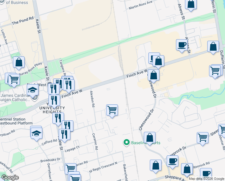 map of restaurants, bars, coffee shops, grocery stores, and more near 1179 Finch Avenue West in Toronto