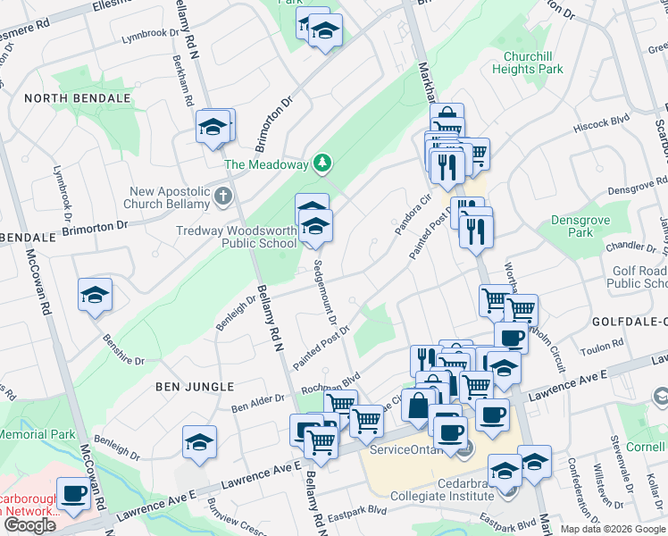 map of restaurants, bars, coffee shops, grocery stores, and more near in Toronto