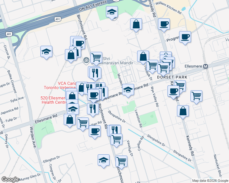 map of restaurants, bars, coffee shops, grocery stores, and more near 18 Mondeo Drive in Toronto