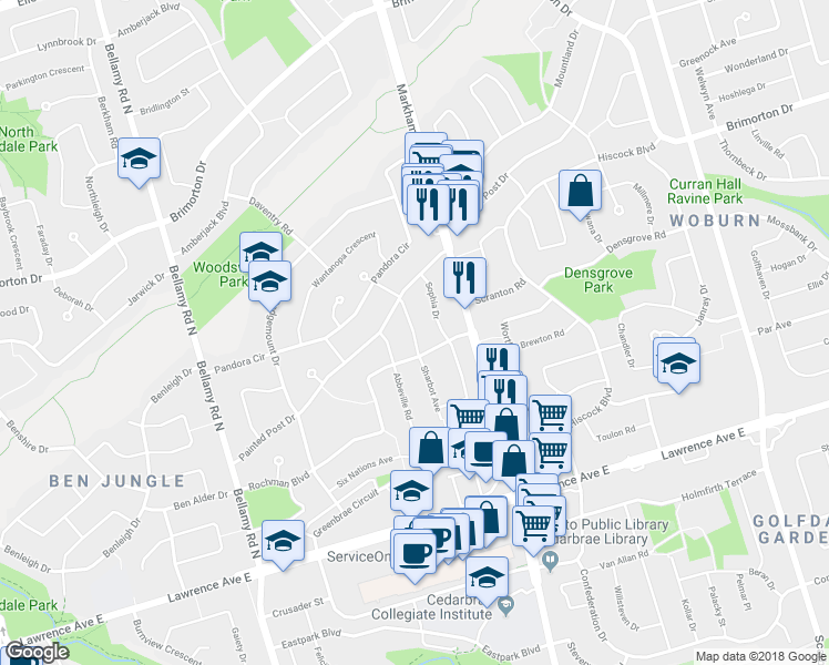 map of restaurants, bars, coffee shops, grocery stores, and more near 53 Sharbot Avenue in Toronto