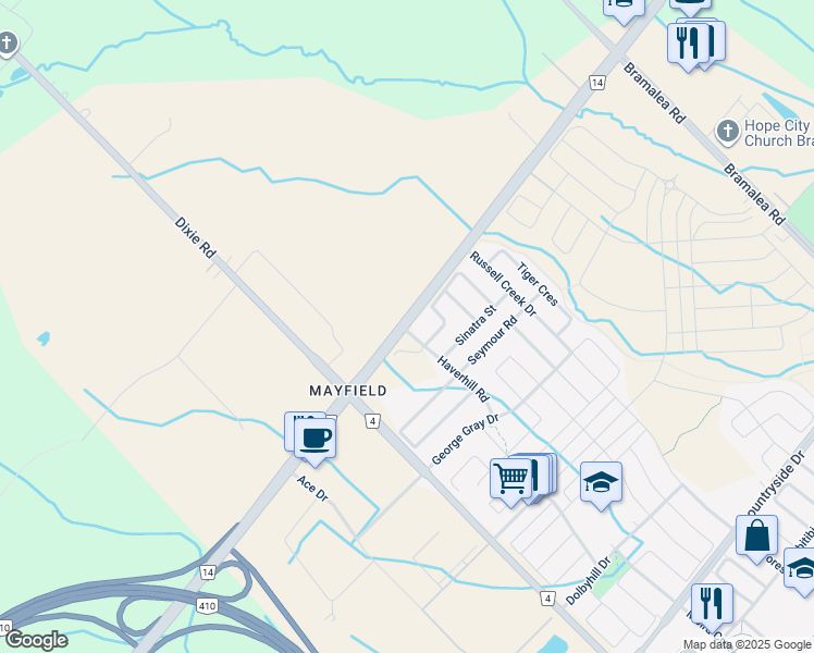 map of restaurants, bars, coffee shops, grocery stores, and more near 4535 Mayfield Road in Brampton