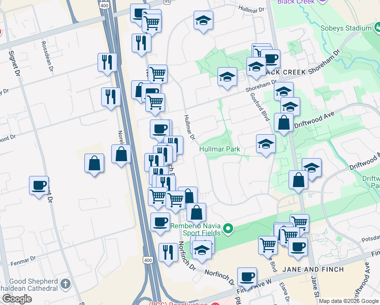 map of restaurants, bars, coffee shops, grocery stores, and more near in Toronto