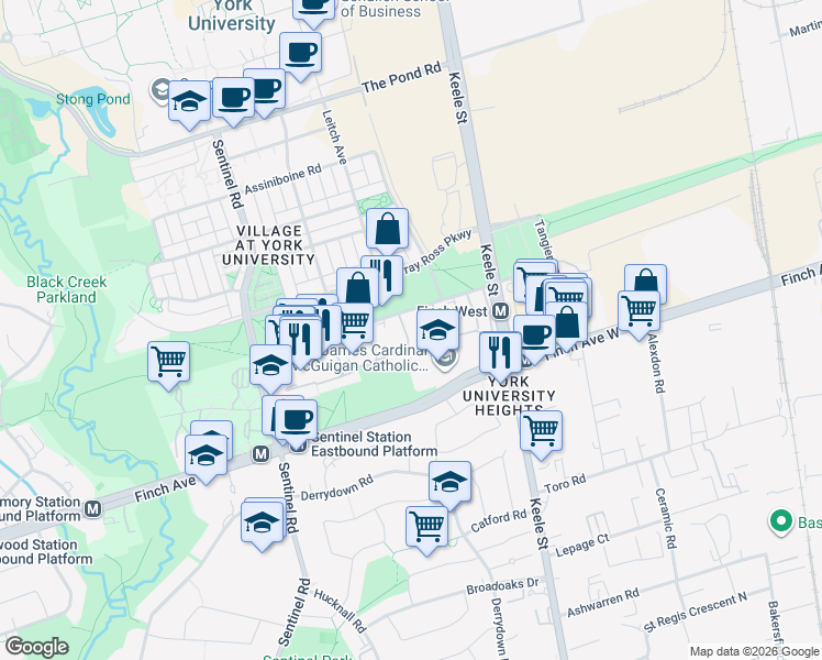 map of restaurants, bars, coffee shops, grocery stores, and more near 19 Four Winds Drive in Toronto