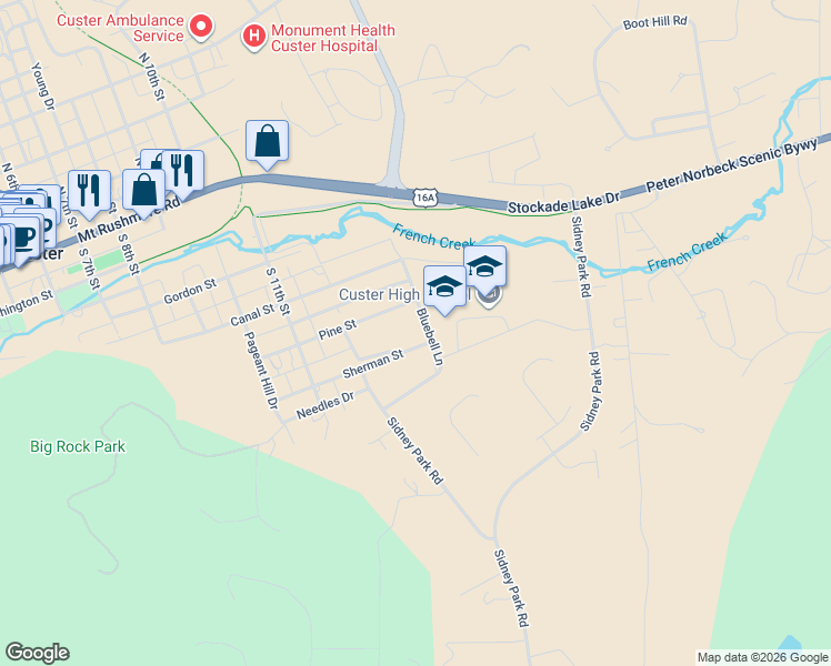 map of restaurants, bars, coffee shops, grocery stores, and more near 1305 Sherman Street in Custer