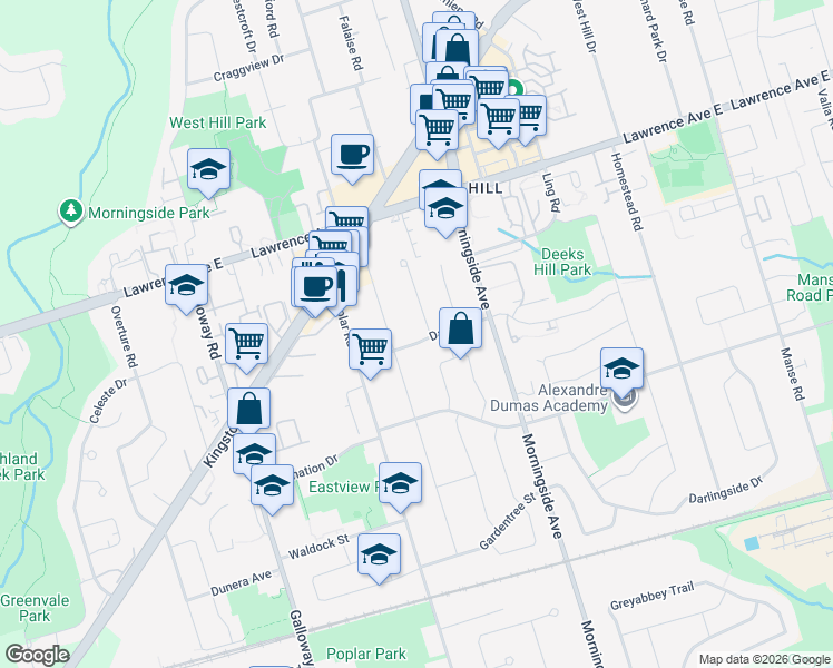 map of restaurants, bars, coffee shops, grocery stores, and more near 32 Danzig Street in Toronto