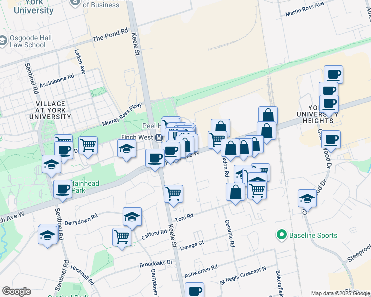 map of restaurants, bars, coffee shops, grocery stores, and more near 1280 Finch Avenue West in Toronto