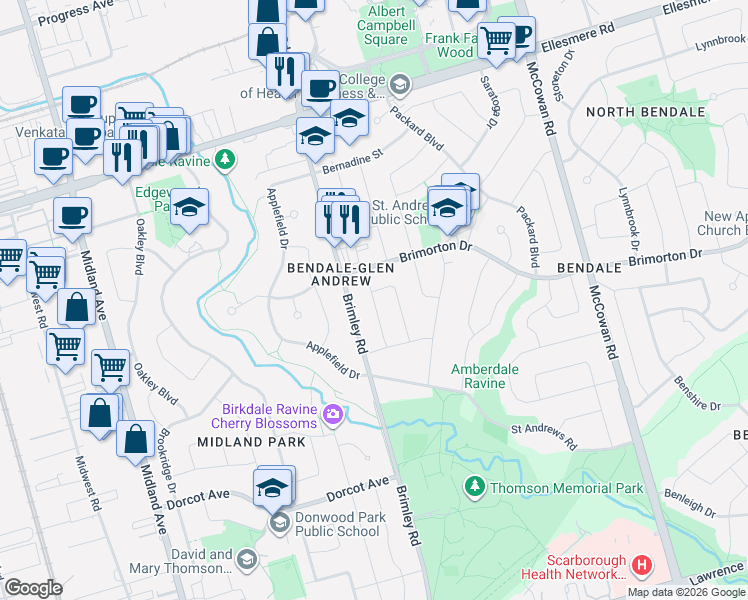 map of restaurants, bars, coffee shops, grocery stores, and more near 45 Sancrest Drive in Toronto