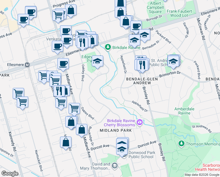 map of restaurants, bars, coffee shops, grocery stores, and more near 8 Waterfield Drive in Toronto
