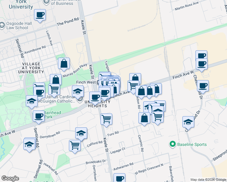 map of restaurants, bars, coffee shops, grocery stores, and more near 1280 Finch Avenue West in Toronto