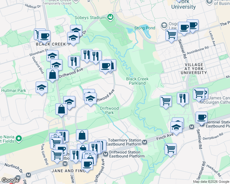 map of restaurants, bars, coffee shops, grocery stores, and more near in Toronto