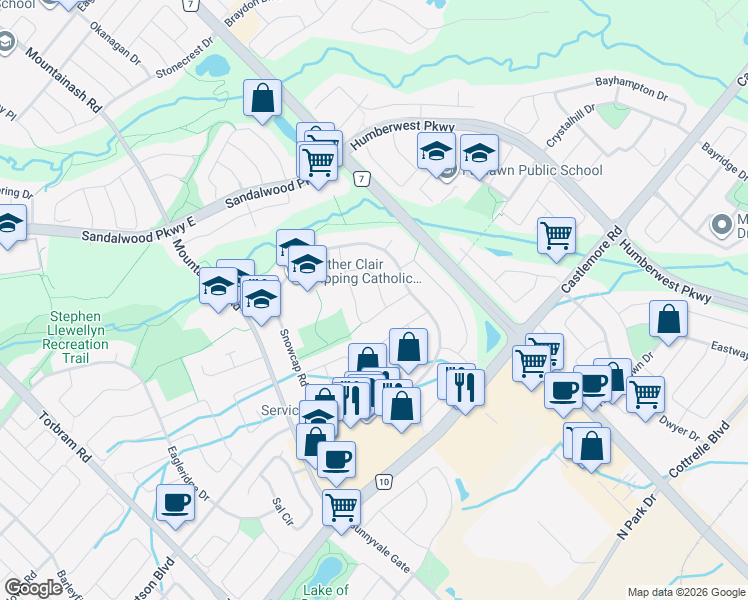 map of restaurants, bars, coffee shops, grocery stores, and more near 23 Himalaya Street in Brampton