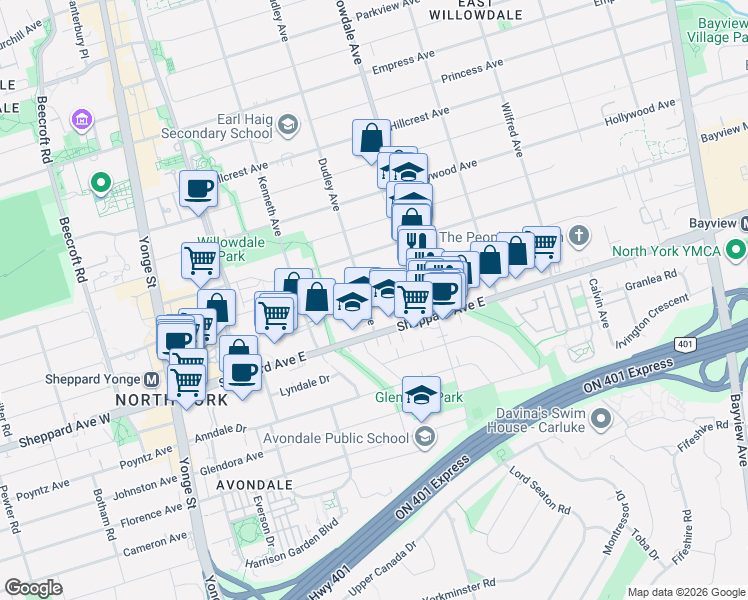 map of restaurants, bars, coffee shops, grocery stores, and more near 188 Maplehurst Avenue in Toronto