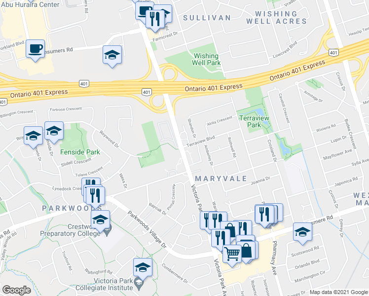 map of restaurants, bars, coffee shops, grocery stores, and more near 1 Terraview Boulevard in Toronto