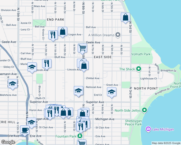 map of restaurants, bars, coffee shops, grocery stores, and more near 1803 North 7th Street in Sheboygan