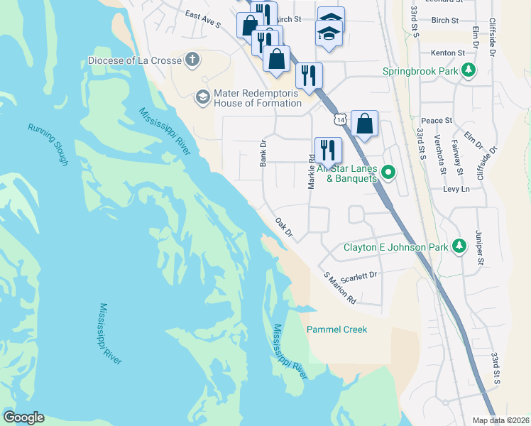 map of restaurants, bars, coffee shops, grocery stores, and more near 4510 Oak Drive in La Crosse