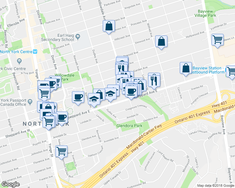 map of restaurants, bars, coffee shops, grocery stores, and more near 205 Maplehurst Avenue in Toronto