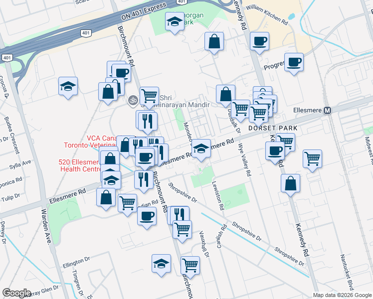 map of restaurants, bars, coffee shops, grocery stores, and more near 8 Mondeo Drive in Toronto