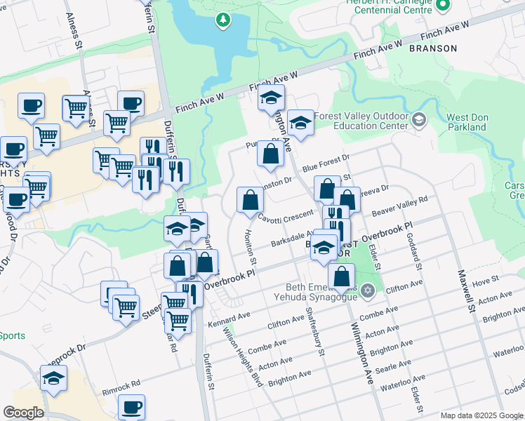 map of restaurants, bars, coffee shops, grocery stores, and more near 38 Cavotti Crescent in Toronto