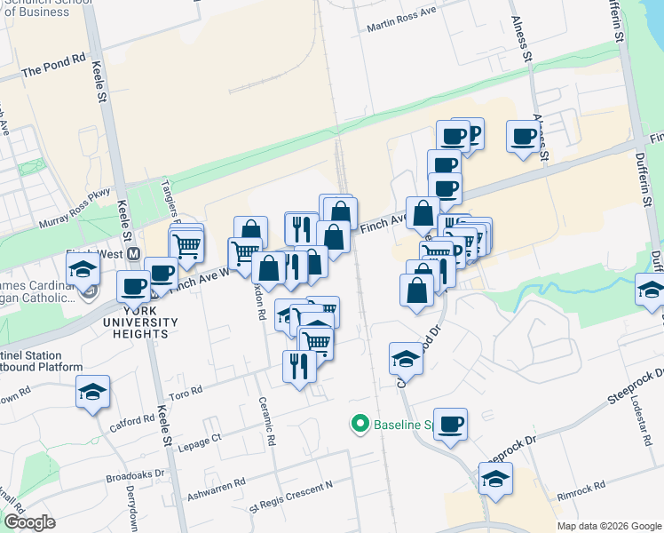 map of restaurants, bars, coffee shops, grocery stores, and more near 1179 Finch Avenue West in Toronto