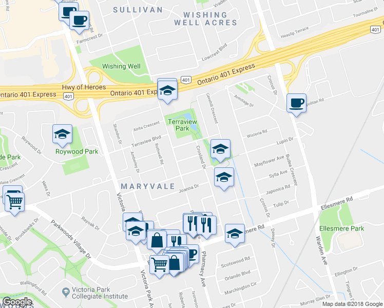 map of restaurants, bars, coffee shops, grocery stores, and more near 14 Reddins Road in Toronto