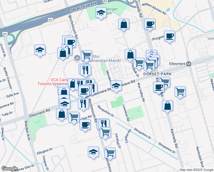 map of restaurants, bars, coffee shops, grocery stores, and more near 8 Mondeo Drive in Toronto