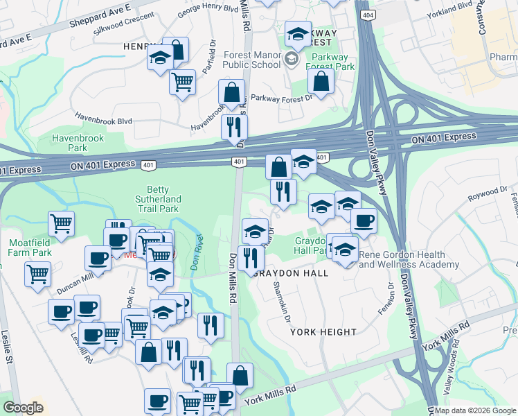 map of restaurants, bars, coffee shops, grocery stores, and more near 50 Graydon Hall Drive in Toronto