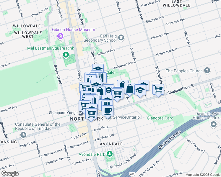 map of restaurants, bars, coffee shops, grocery stores, and more near in Toronto