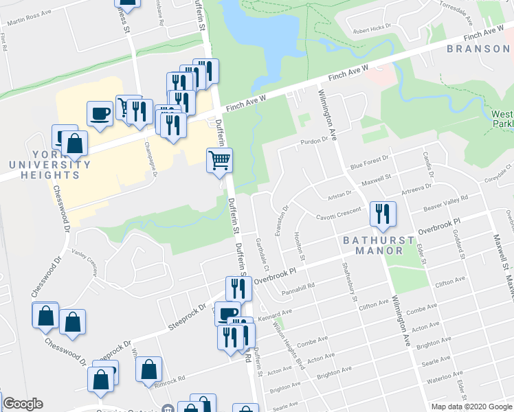 map of restaurants, bars, coffee shops, grocery stores, and more near in Toronto
