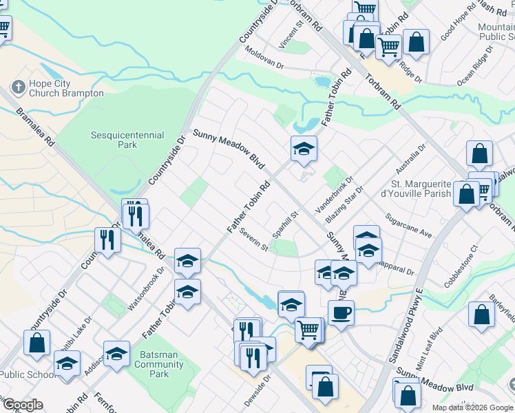 map of restaurants, bars, coffee shops, grocery stores, and more near in Brampton