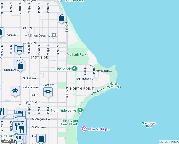 map of restaurants, bars, coffee shops, grocery stores, and more near 80 Lighthouse Court in Sheboygan