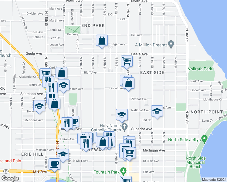 map of restaurants, bars, coffee shops, grocery stores, and more near 1733 North 10th Street in Sheboygan