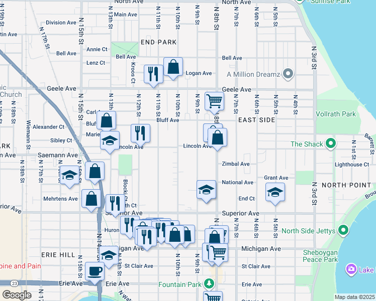 map of restaurants, bars, coffee shops, grocery stores, and more near 1733 North 10th Street in Sheboygan
