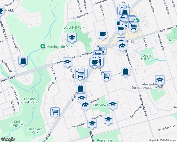 map of restaurants, bars, coffee shops, grocery stores, and more near 52 Ignatius Lane in Toronto