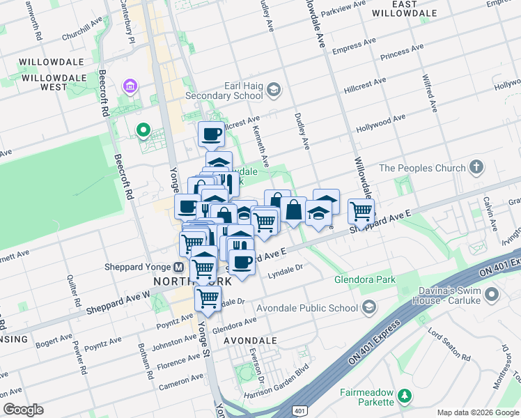 map of restaurants, bars, coffee shops, grocery stores, and more near 35 William Poole Way in Toronto