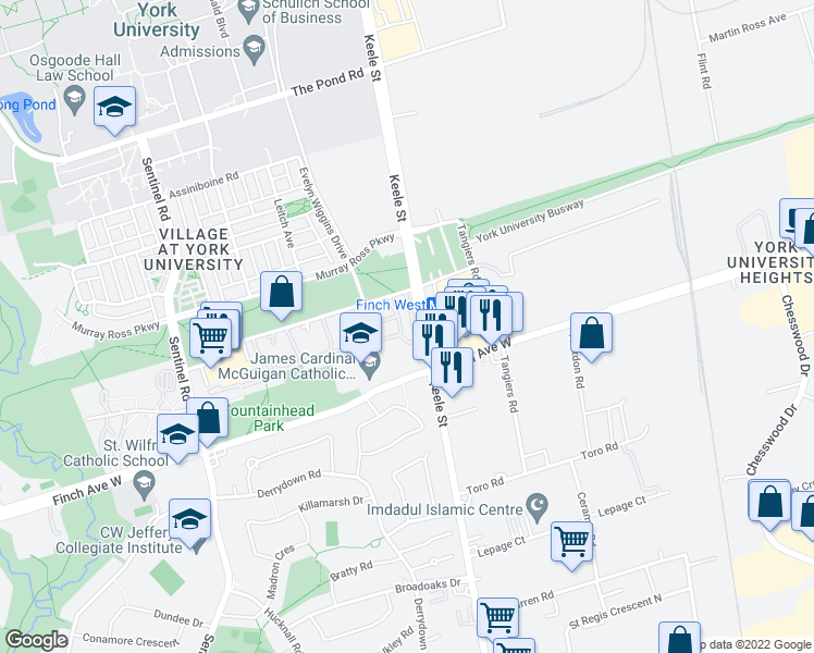 map of restaurants, bars, coffee shops, grocery stores, and more near 3 Four Winds Drive in Toronto