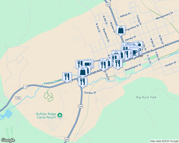 map of restaurants, bars, coffee shops, grocery stores, and more near 14 Mount Rushmore Road in Custer