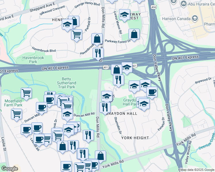 map of restaurants, bars, coffee shops, grocery stores, and more near 50 Graydon Hall Drive in Toronto