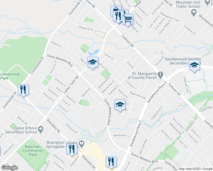 map of restaurants, bars, coffee shops, grocery stores, and more near 54 Blazing Star Drive in Brampton