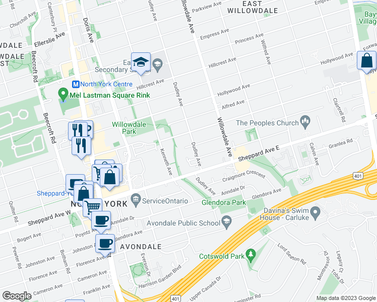 map of restaurants, bars, coffee shops, grocery stores, and more near 171 Greenfield Avenue in Toronto