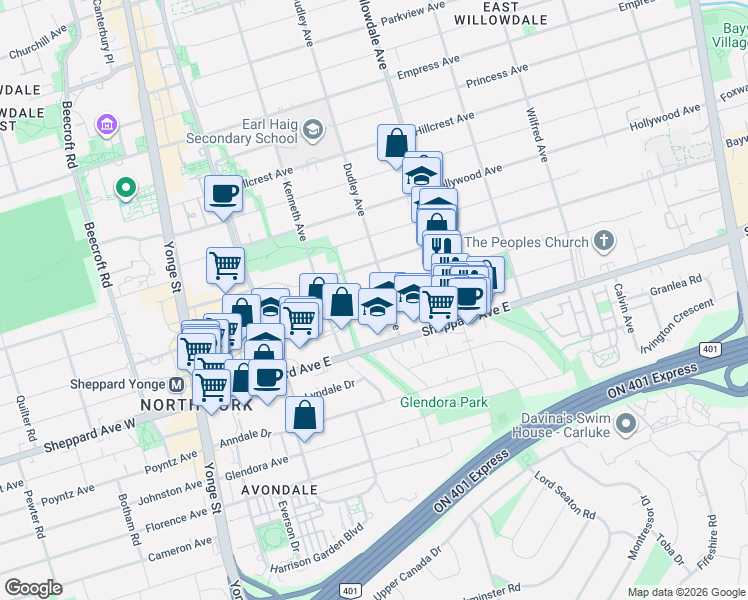 map of restaurants, bars, coffee shops, grocery stores, and more near 171 Greenfield Avenue in Toronto