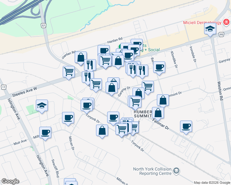 map of restaurants, bars, coffee shops, grocery stores, and more near 650 Fenmar Drive in Toronto